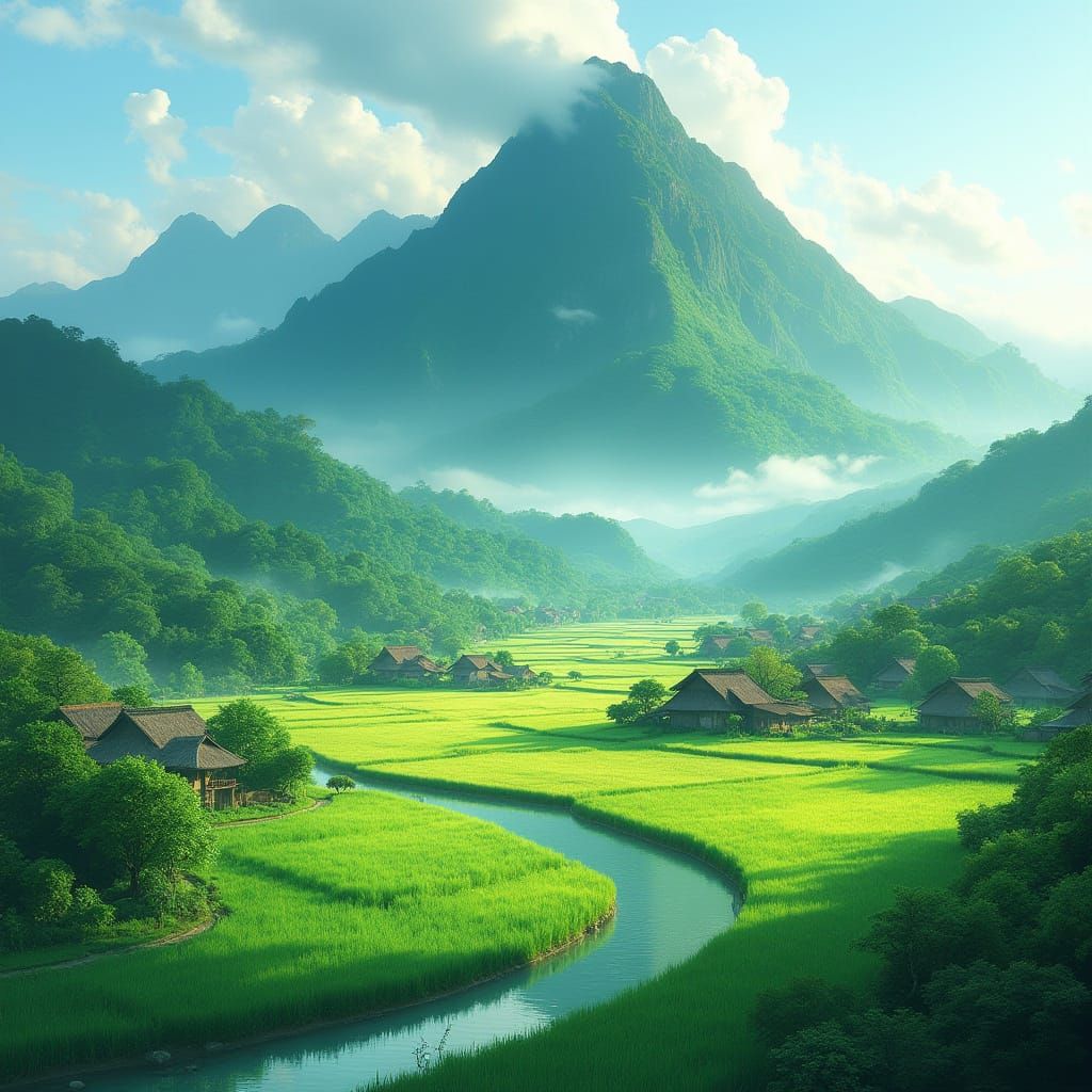 Emerald Mountain Oasis with Serene Rice Fields and Gentle Ri...