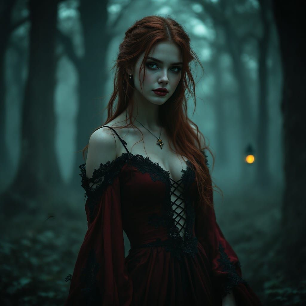 Ethereal Maiden in Red and Black Gown, Misty Forest Twilight