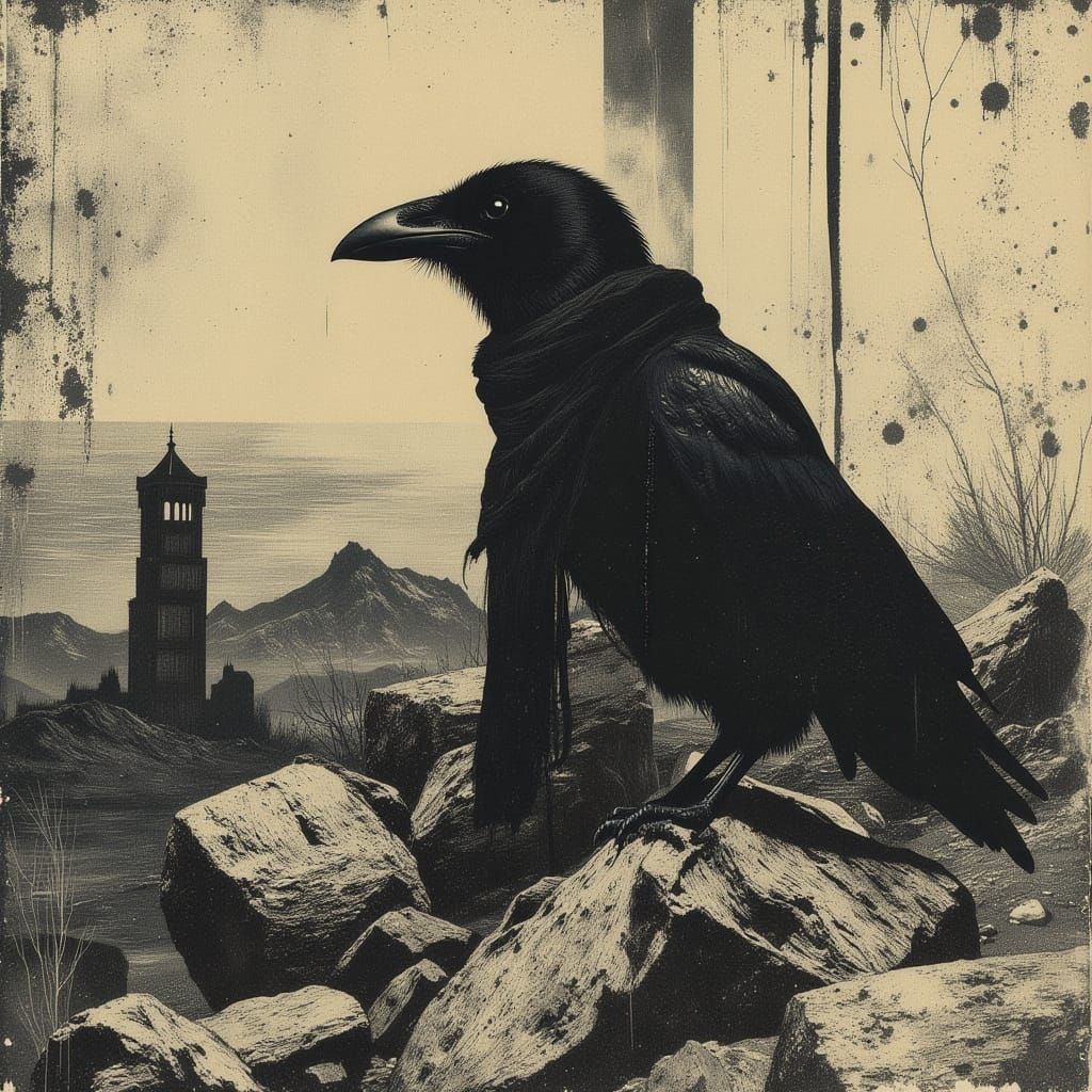 Abstract Crow in Post-Apocalyptic Wasteland