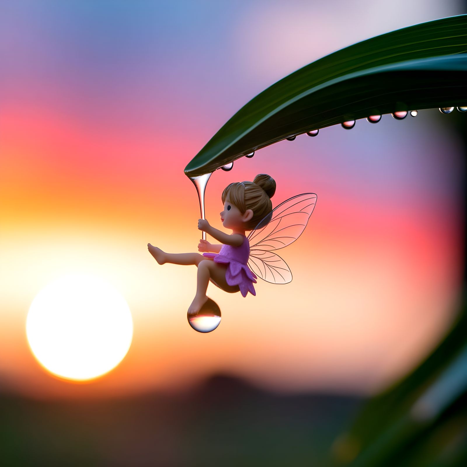 Whimsical Ghibli Fairy in a Sunset Water Droplet