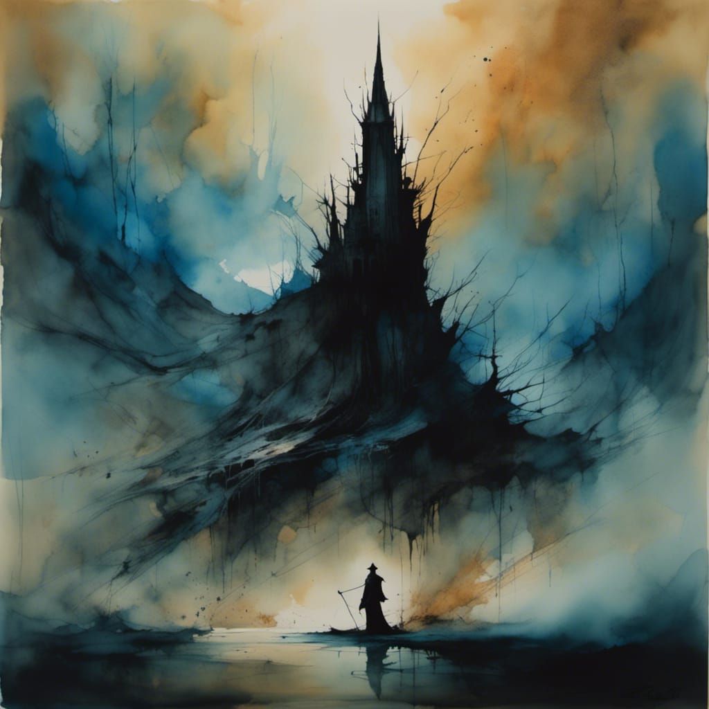 Abstract Watercolor Spire Rising in the Night
