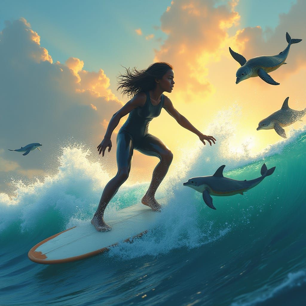 Photorealistic Surfer Girl Rides Wave Under Golden Sky