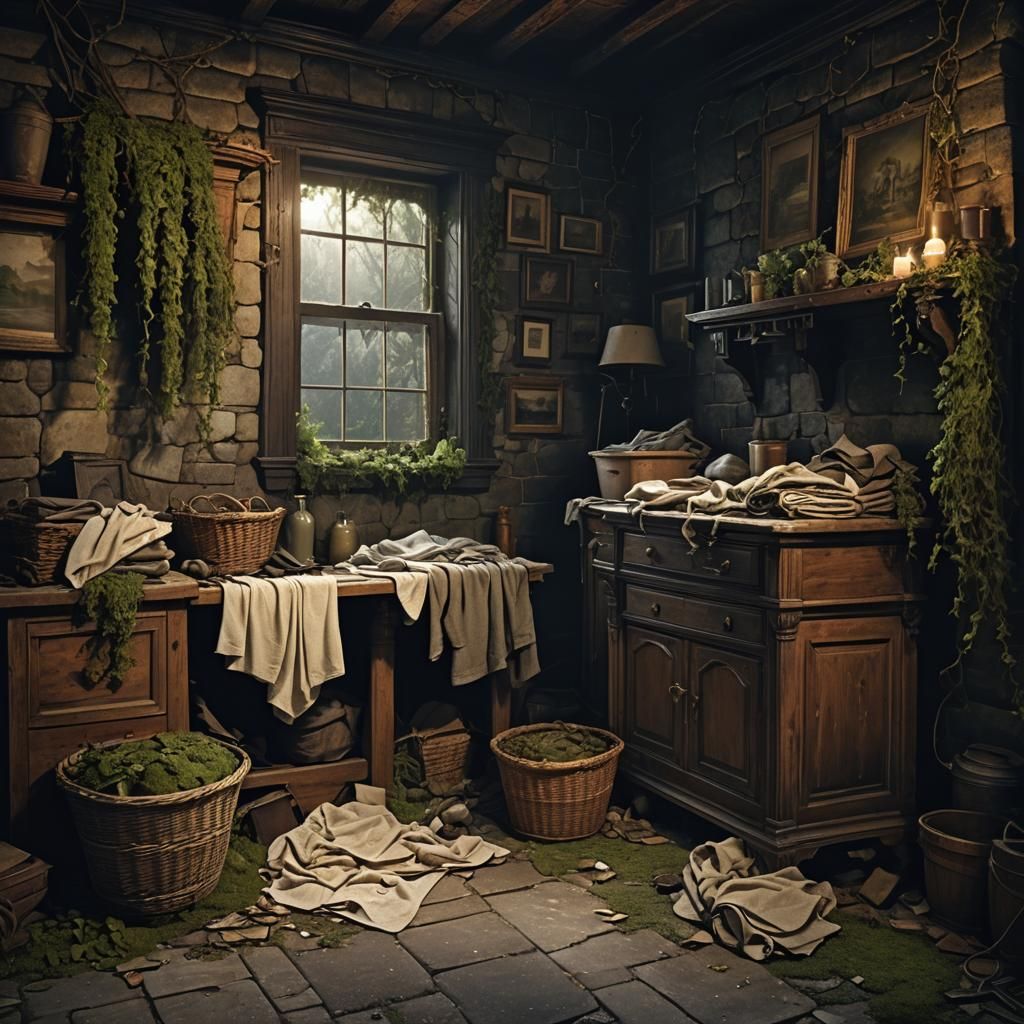 Victorian Laundry in Dark Hyper-Realistic Digital Art