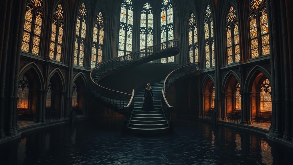 Mystical Figure in Gothic Cathedral with Escher Staircase