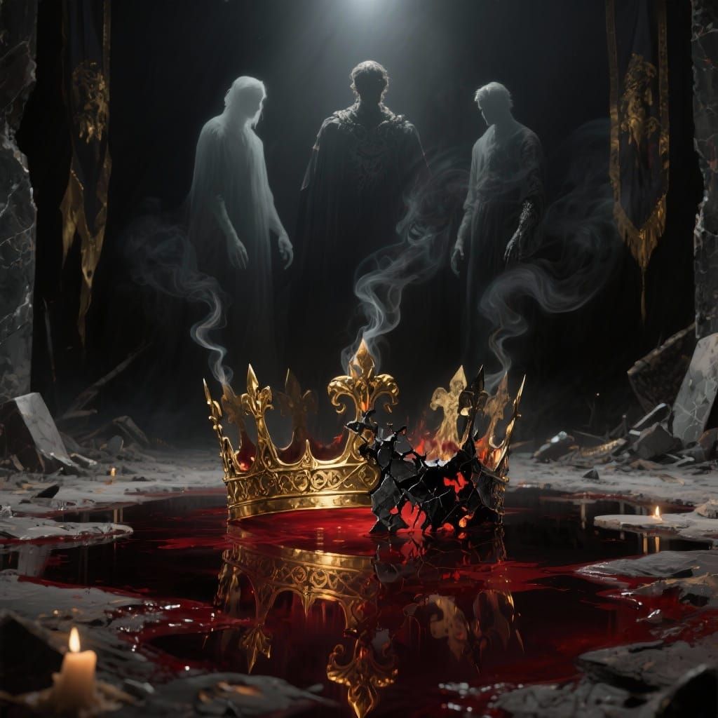 Golden Iron Crown in Blood Pool with Ghostly Reflections