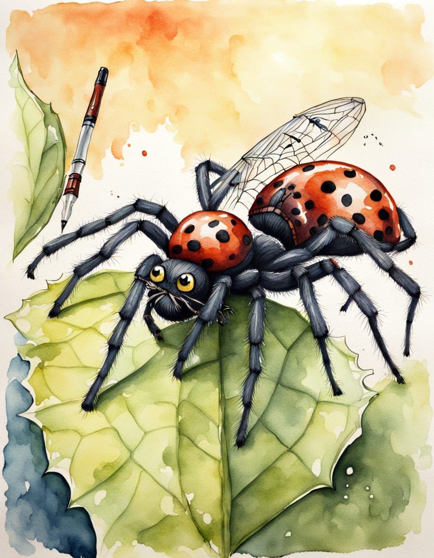 AI FAIL. Was supposed to be: Pen and watercolor painting.  Spider and a fly having a standoff. Whimsical, cute, realisti...