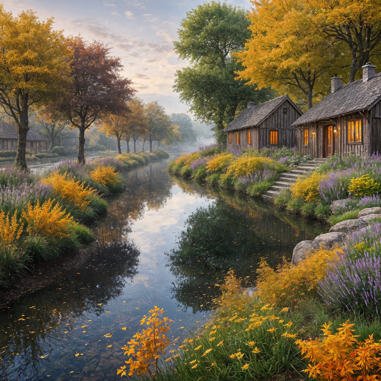 Tranquil Autumn Canal at Dusk in Vibrant Colors