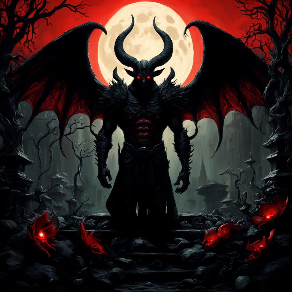 Gothic Demon in Moonlit Garden, Epic Dark Fantasy Art