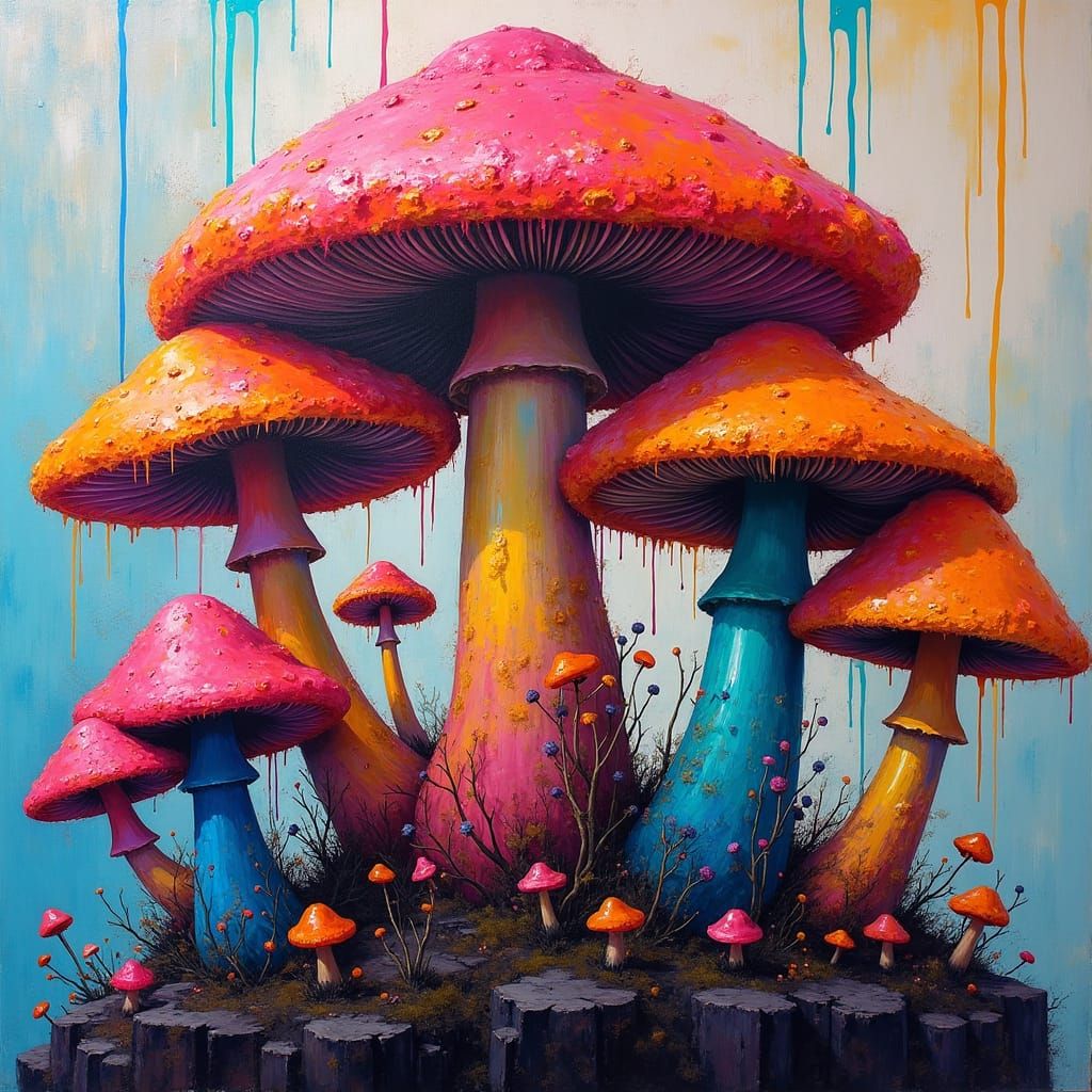Translucent Mushrooms in Graffiti Art Scene