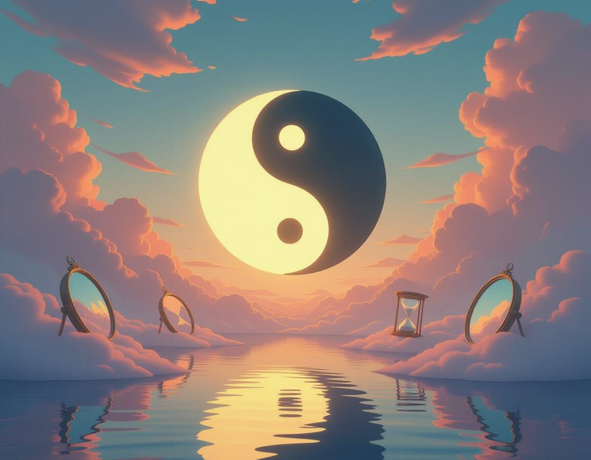 Surreal Yin-Yang Symbol Dissolving in Dreamlike Sky