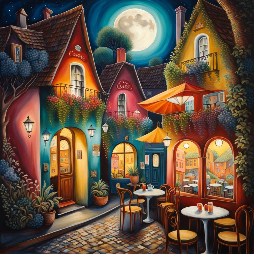 Whimsical Village Cafe Painting in Folk Surrealism Style