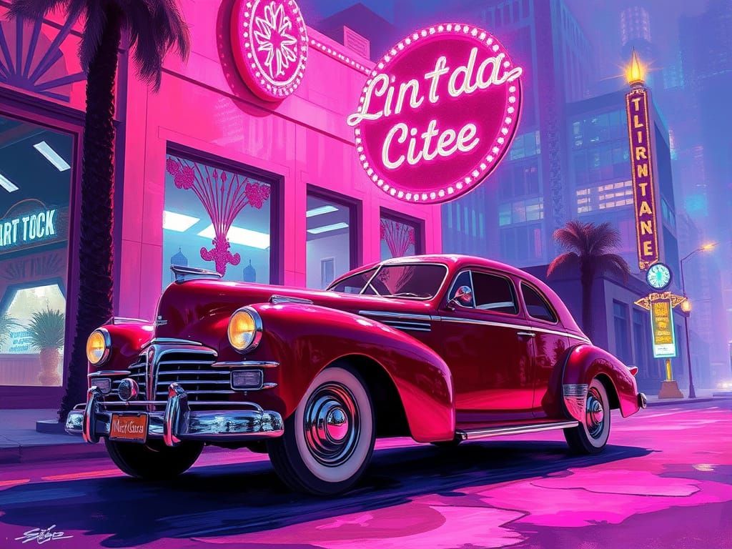 Luxurious 1920s Scene with Vintage Car and Neon Sign in Art ...