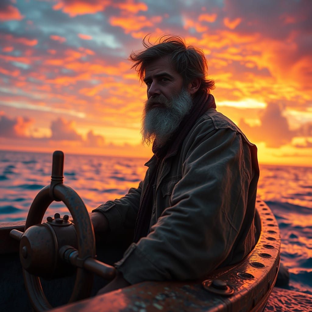 Rugged Fisherman Against Golden Sunrise