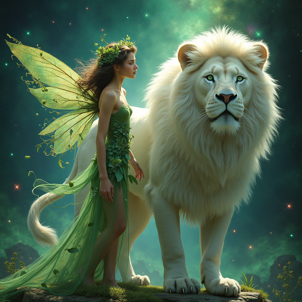 Forest Fairy and White Lion in Astral Cosmos