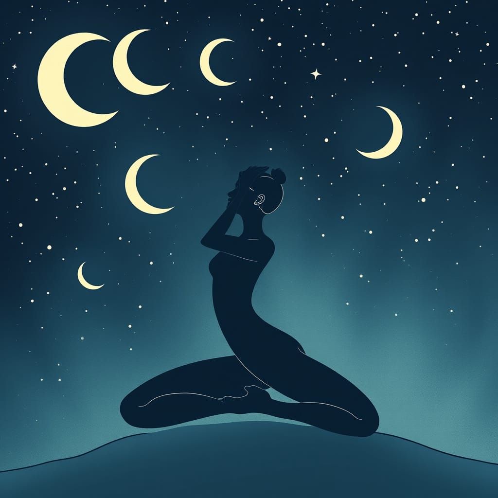 Serene Female Figure in Yoga Pose amidst Starry Night Sky