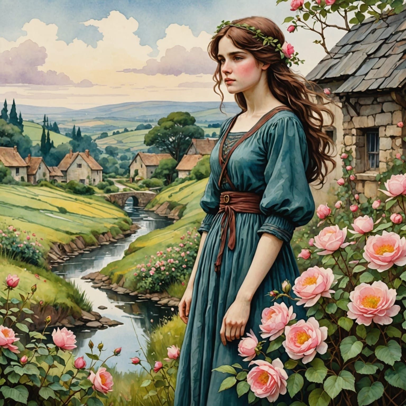 Watercolor Countryside Landscape in Waterhouse Style