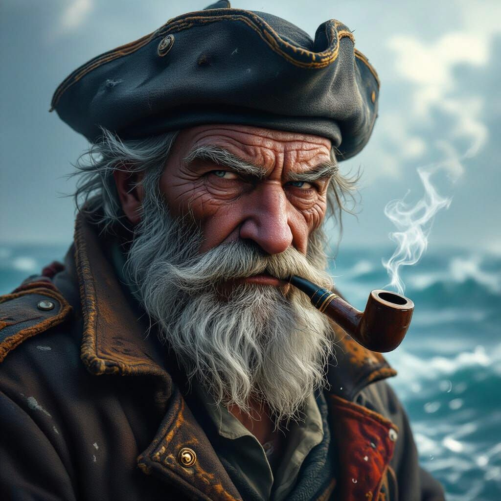 Grizzled Sailor on Stormy Sea, Detailed Matte Painting