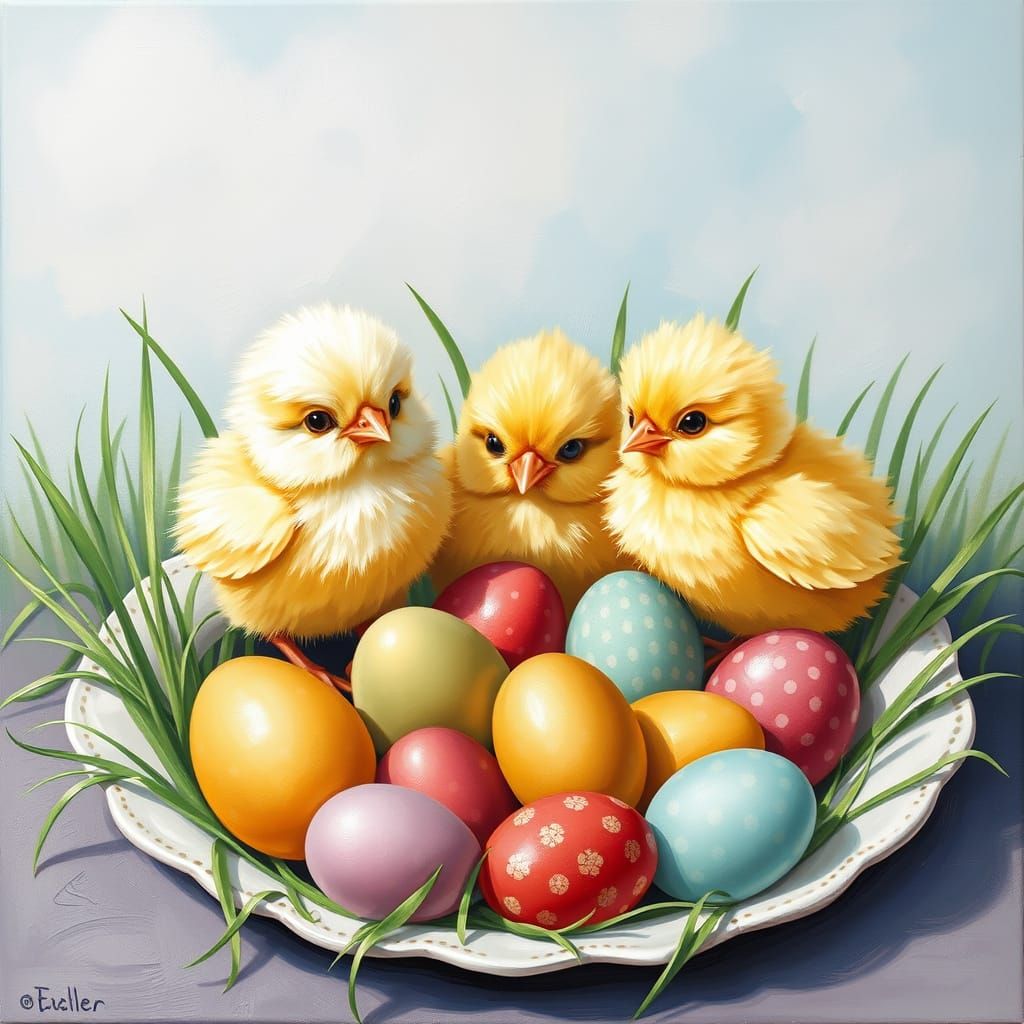 Easter Chicks in Whimsical Artwork with Pastel Hues