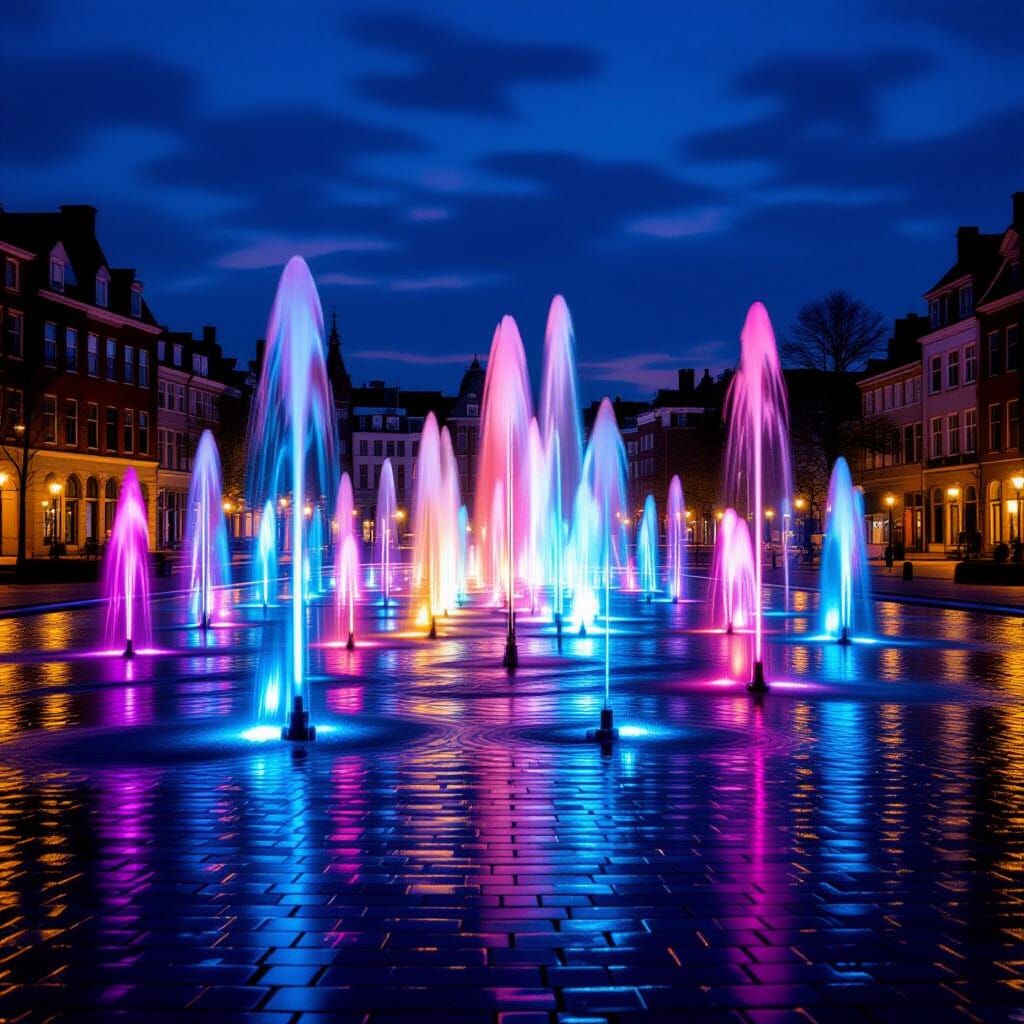 Fountains of Light Flowing in Glowing City Plazas