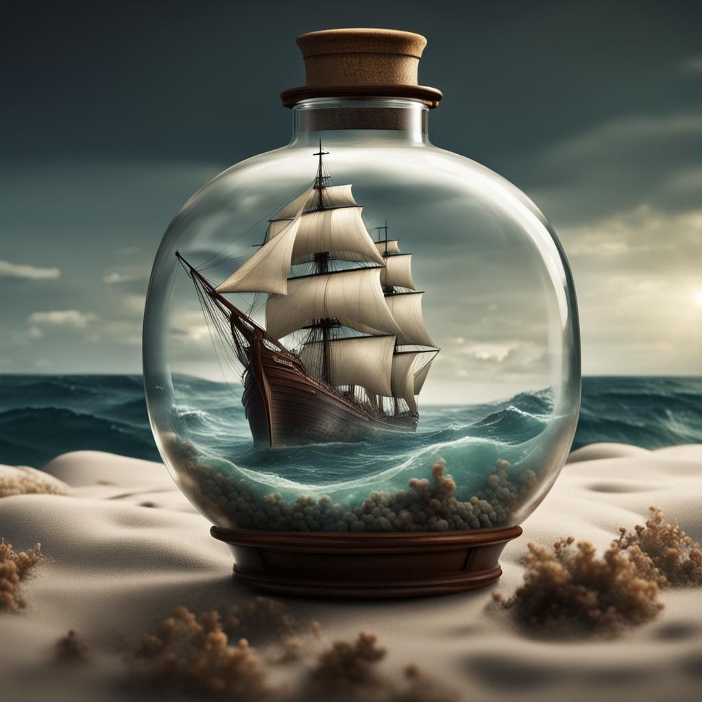 Ship and Ocean Inside a Bottle: Detailed Painting