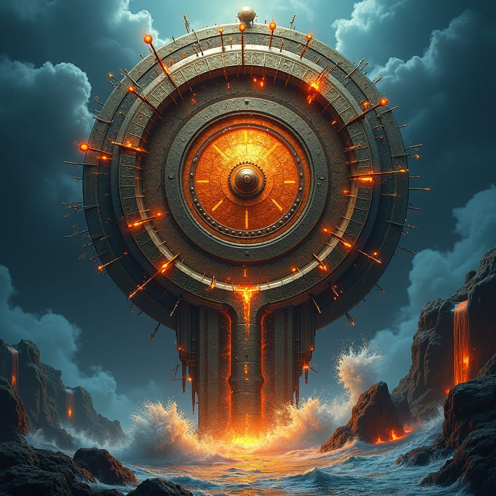 Ornate Clockwork with Lava and Water in Matte Painting Style