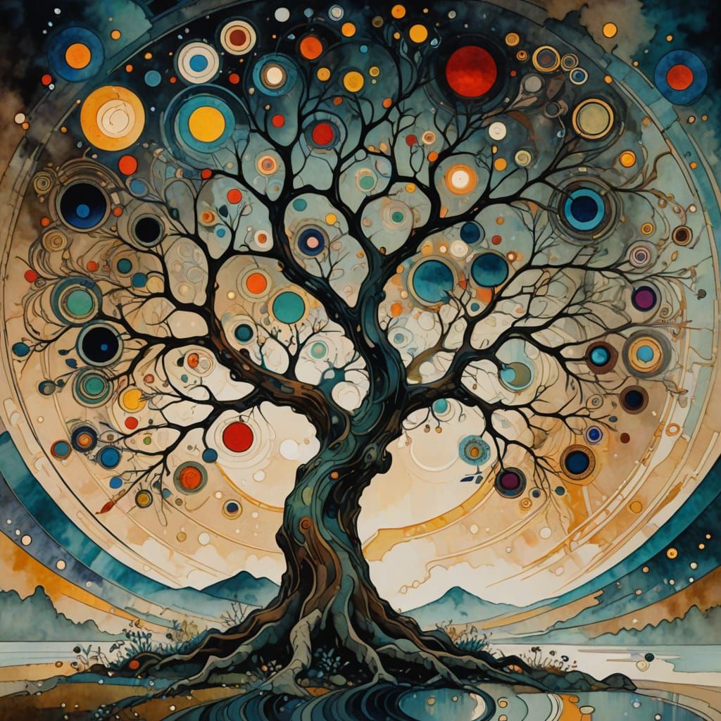 Ancient Tree in Kandinsky Cubism Style with Geometric Branch...