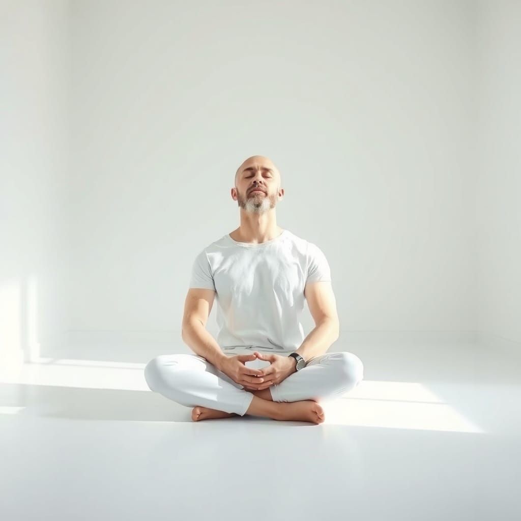 Serene White Male Meditates in Minimalist Space