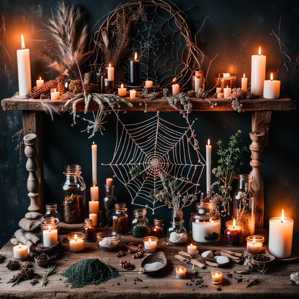 Vintage Witch Altar with Potion and Crystals