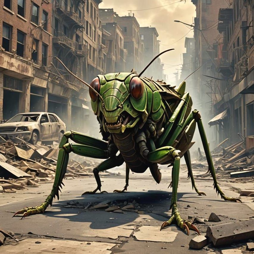 a prehistoric "Grasshopper" in a apocalyptic city