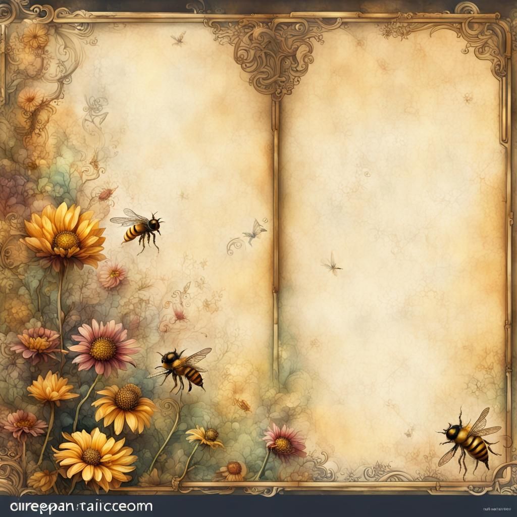 Flowers and Bees on Lined Paper in Steampunk Watercolor