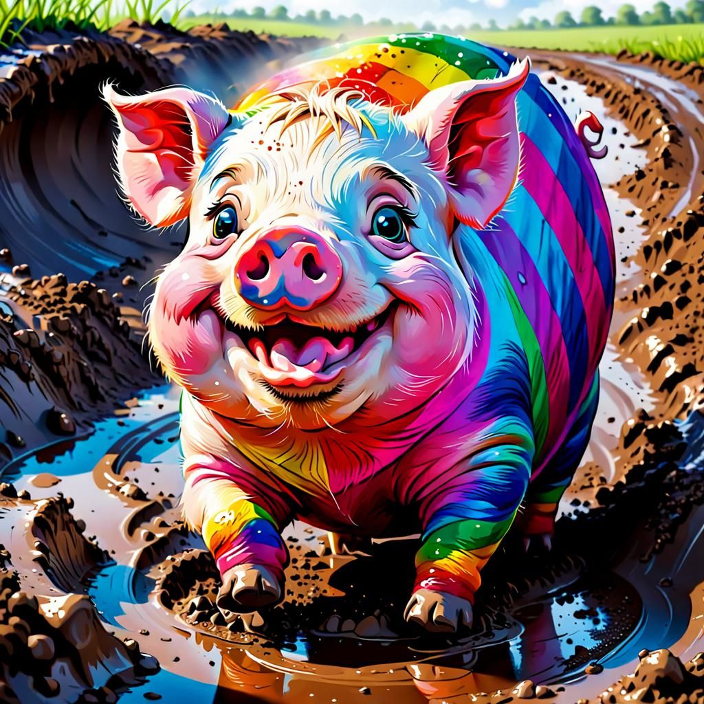 Happy Rainbow Piglet in Mud