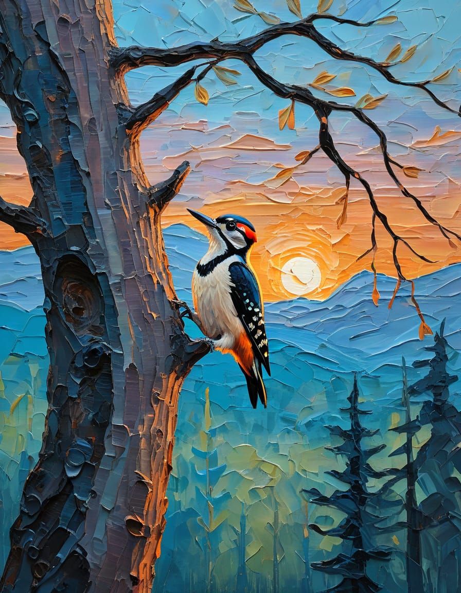Woodpecker at Sunset in Impasto Palette Knife Style