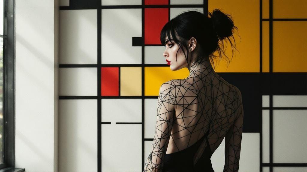 Geometric Tattooed Woman in Abstract Modern Interior