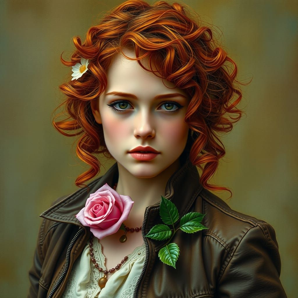 Red-Haired Woman in Brown Jacket, Pre-Raphaelite Style