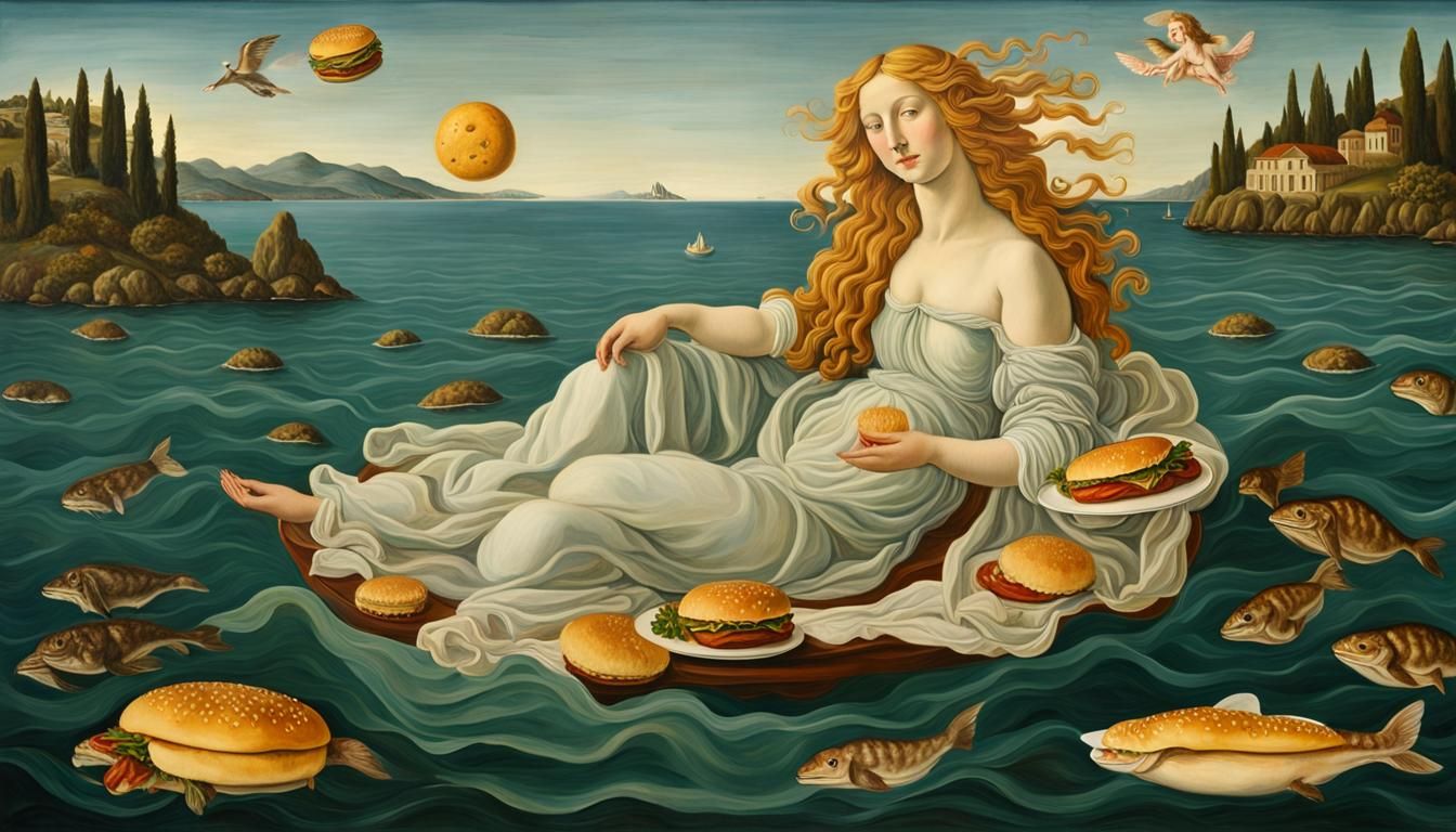 Cheeseburger Venus: A Renaissance Oil Painting