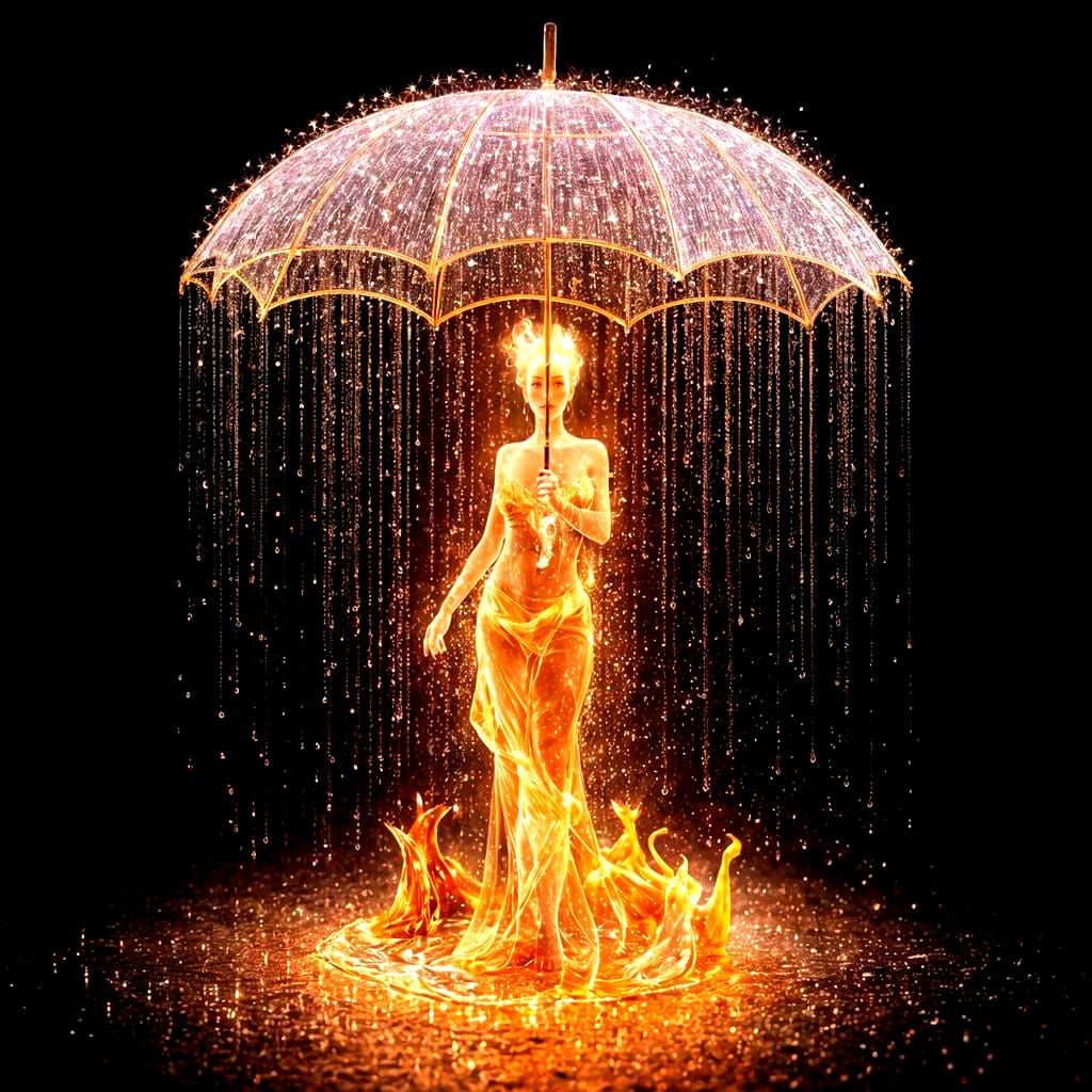 Enchanted Flame Maiden Under Umbrella of Raindrop Diamonds