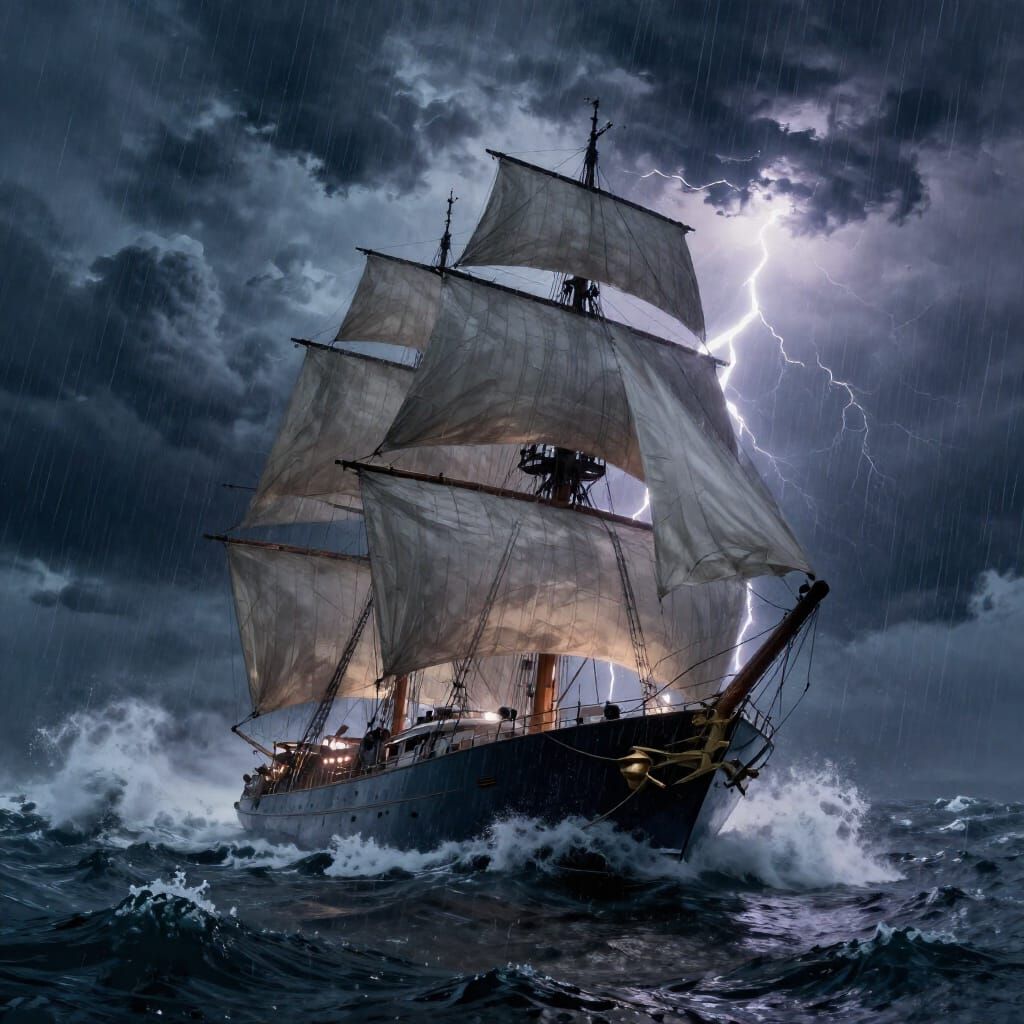 Yacht Battles Stormy Night Under Lightning