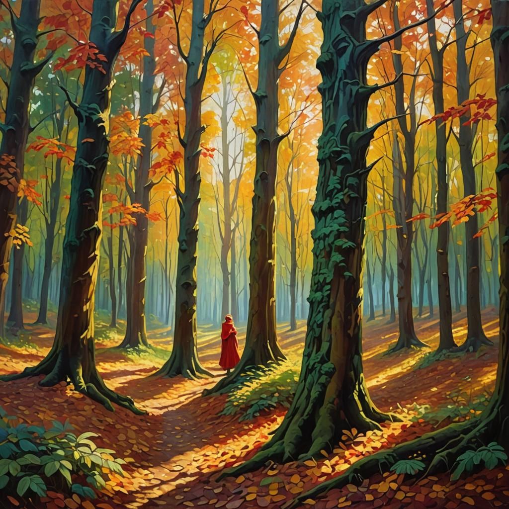 Impressionist Forest with Tree Women in Autumn Light