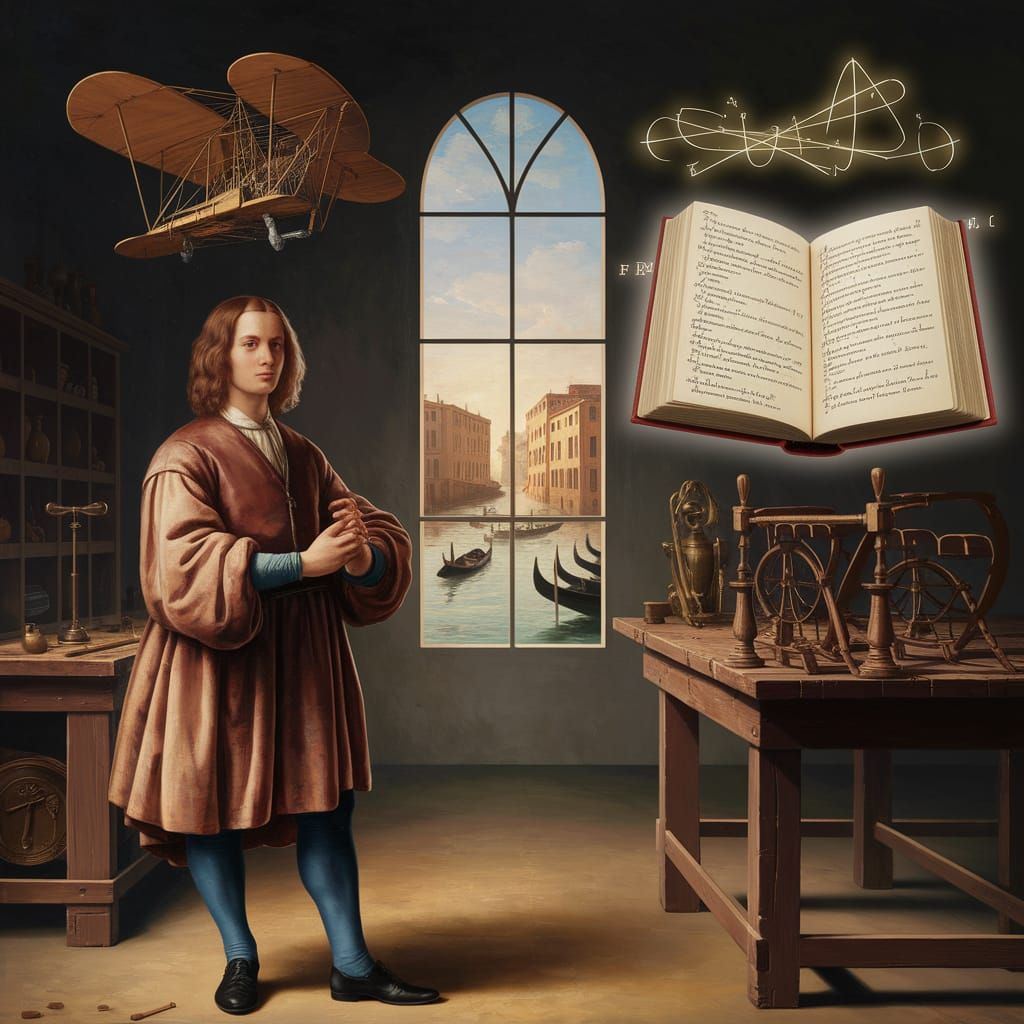 Renaissance Visionary Surrounded by Flying Machines in Surre...
