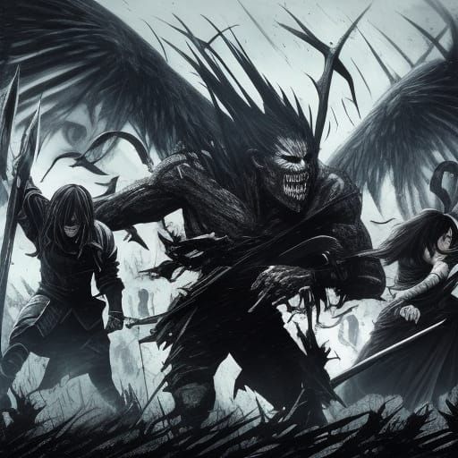 Titans Attack Eren in Dark Fantasy Art