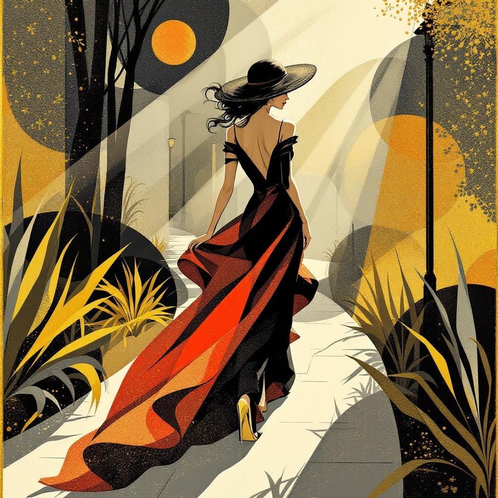 Art Deco Woman Strolling Down Sunny Street