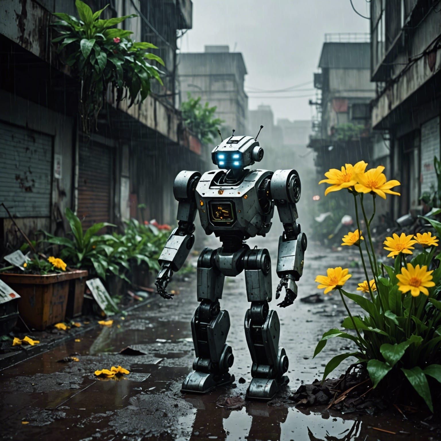 Robot and Flower in Raining Wasteland