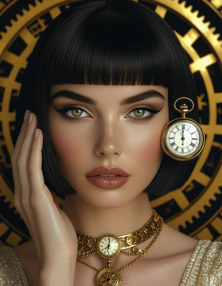 Cleopatra Bob Woman With Clockwork Gears And Pocket Watch