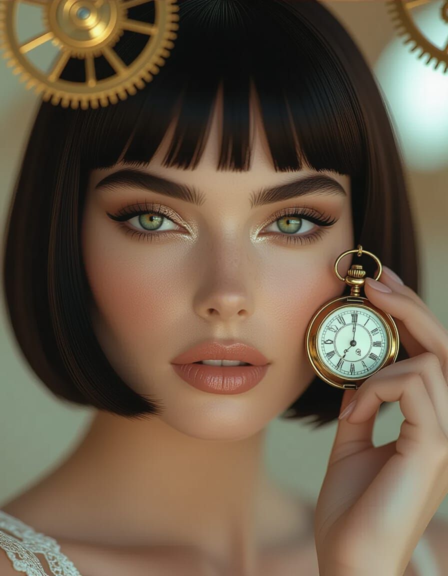 Woman With Cleopatra Bob Listening to Clockwork Secrets