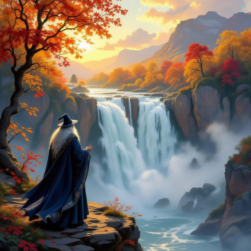 Wise Wizard Gazes at Autumn Waterfall in Romantic Landscape