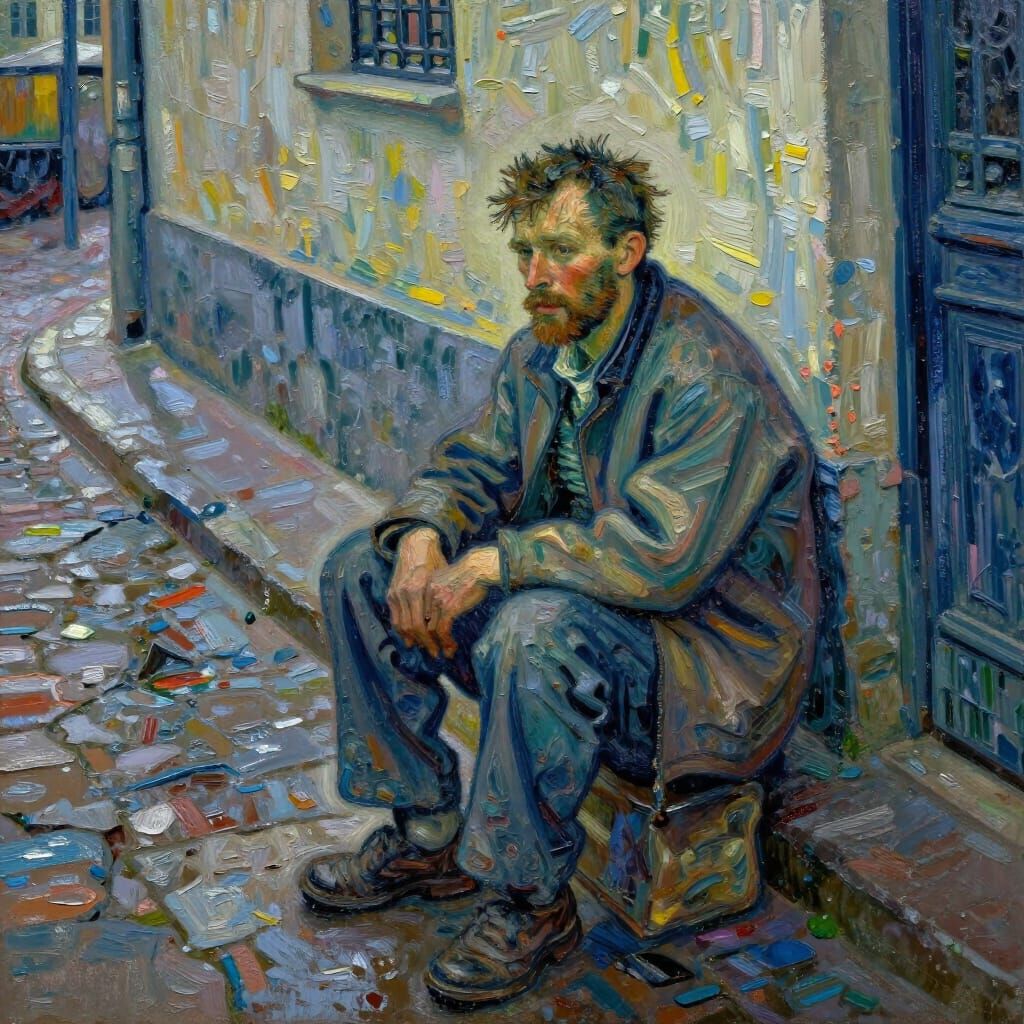 Homeless Man in Urban Setting: Neo-Impressionist Style