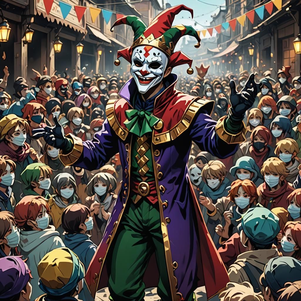 Anime Jester Entertains Crowd in Cel-Shaded Style