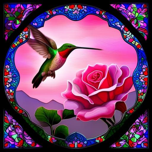Hummingbird and Rose Stained Glass Window
