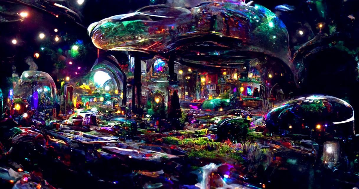 Cosmic Sci-Fi Marketplace: A Colorful Fantasy Landscape