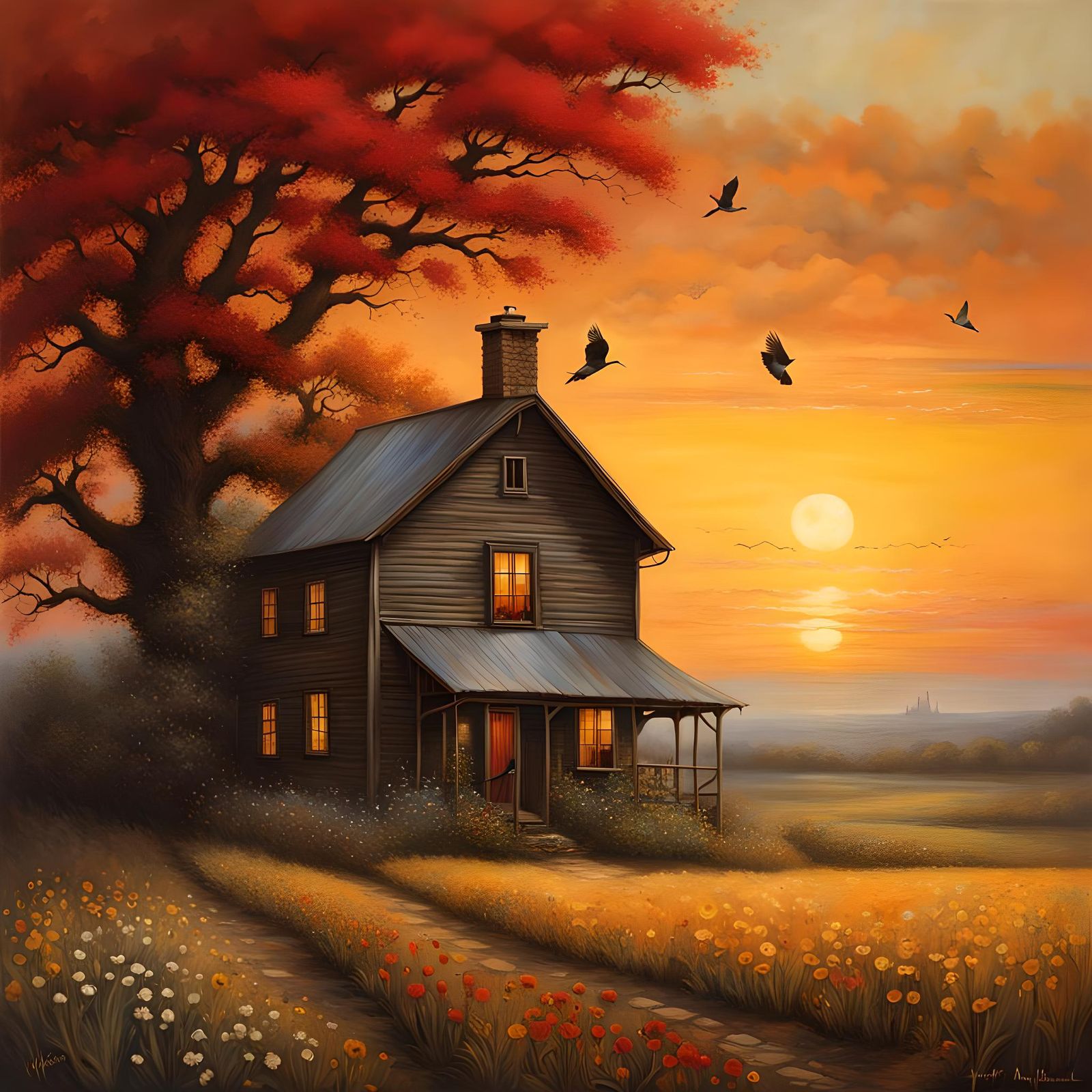 Idyllic Farmhouse Sunset Watercolor Painting